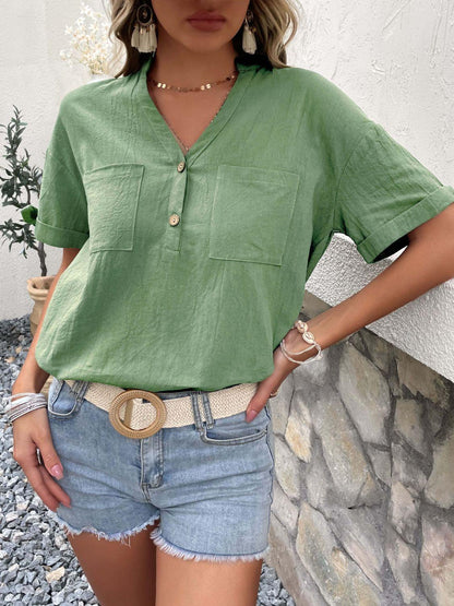 Hazel Blues® | Buttoned Notched Neck Cuffed Sleeve Blouse