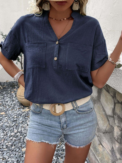 Hazel Blues® | Buttoned Notched Neck Cuffed Sleeve Blouse