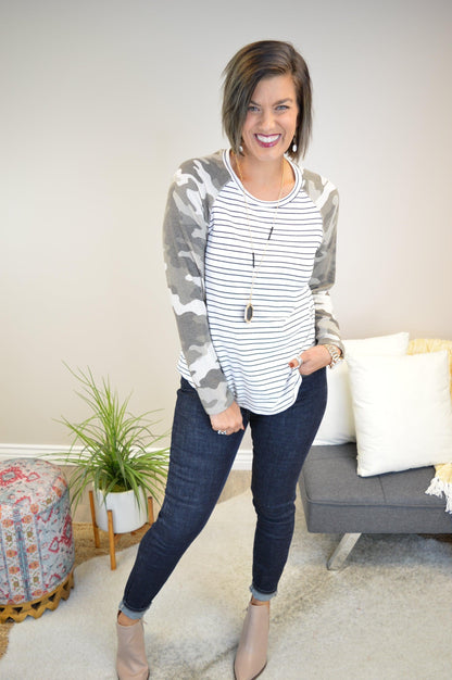 Hazel Blues® | Camo & Stripes Raglan Top
