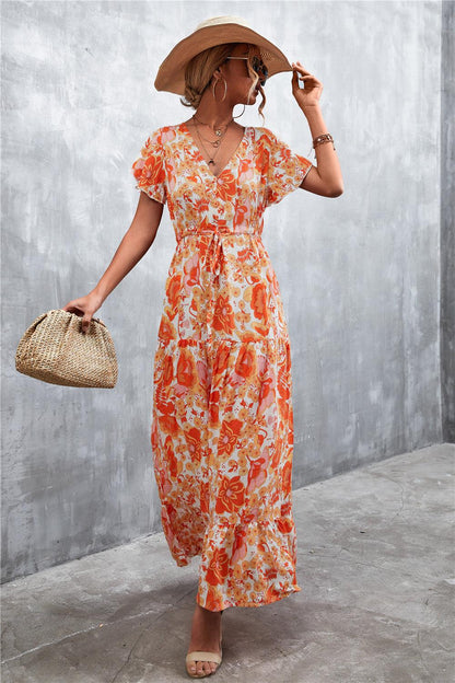 Hazel Blues® | Floral Buttoned Drawstring Waist Tiered Dress