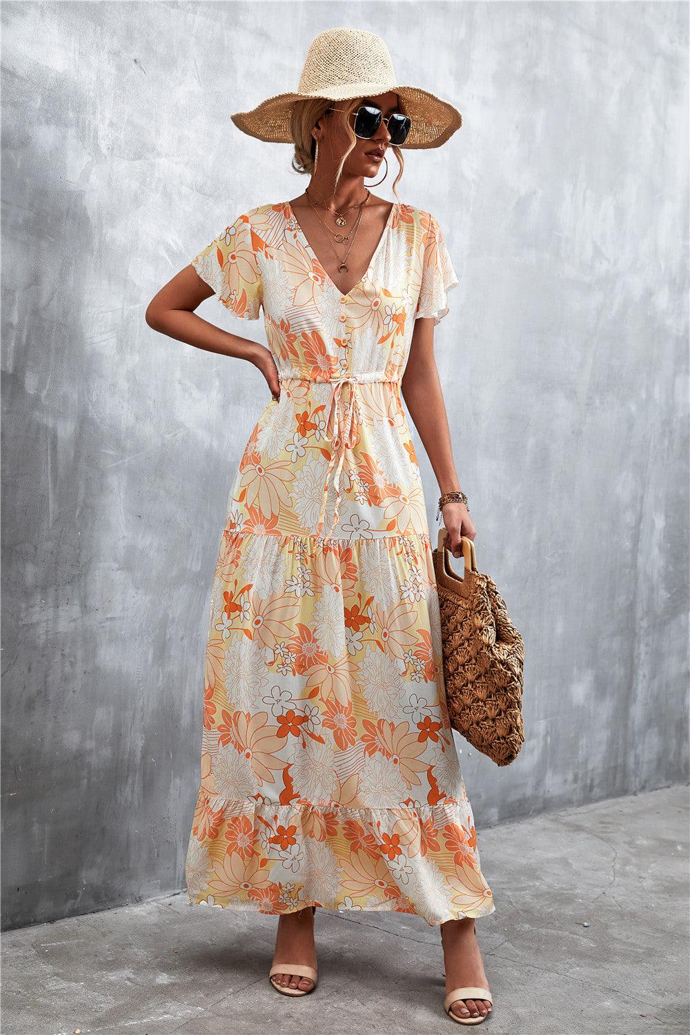 Hazel Blues® | Floral Buttoned Drawstring Waist Tiered Dress