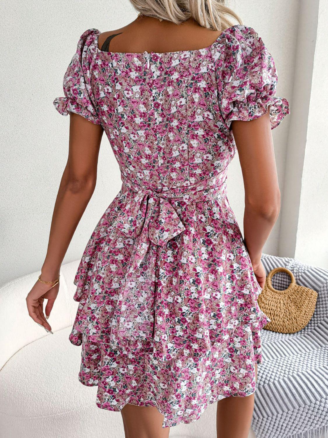Hazel Blues® | Floral Sweetheart Neck Flounce Sleeve Mini Dress
