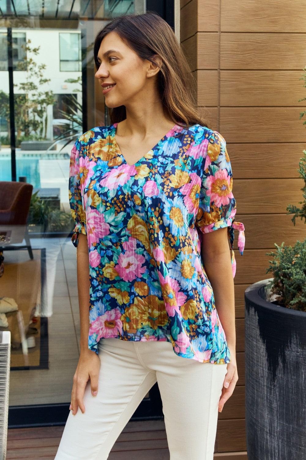 Hazel Blues® | Floral V-Neck Tie Detail Blouse