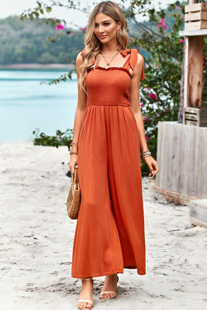 Hazel Blues® | Frill Trim Tie Shoulder Wide Leg Jumpsuit with Pockets