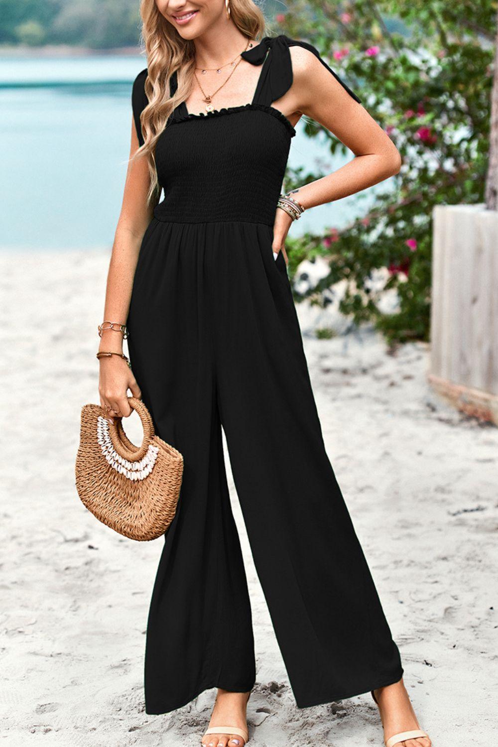 Hazel Blues® | Frill Trim Tie Shoulder Wide Leg Jumpsuit with Pockets
