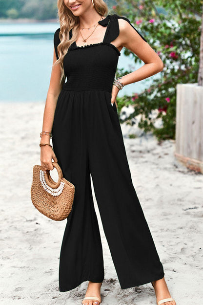 Hazel Blues® | Frill Trim Tie Shoulder Wide Leg Jumpsuit with Pockets