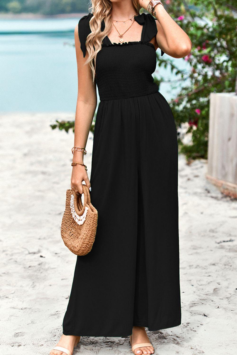 Hazel Blues® | Frill Trim Tie Shoulder Wide Leg Jumpsuit with Pockets