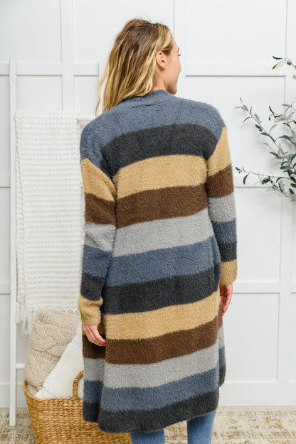 Hazel Blues® | Fuzzy Longline Cardigan In Blue & Cocoa