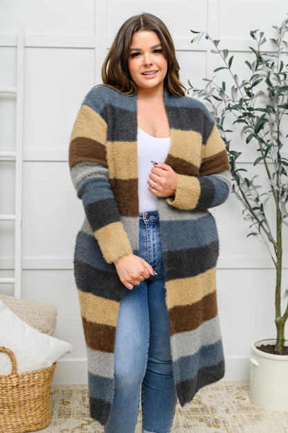 Hazel Blues® | Fuzzy Longline Cardigan In Blue & Cocoa
