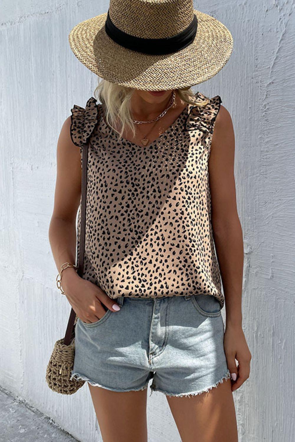 Hazel Blues® | Leopard Frill Trim V-Neck Tank