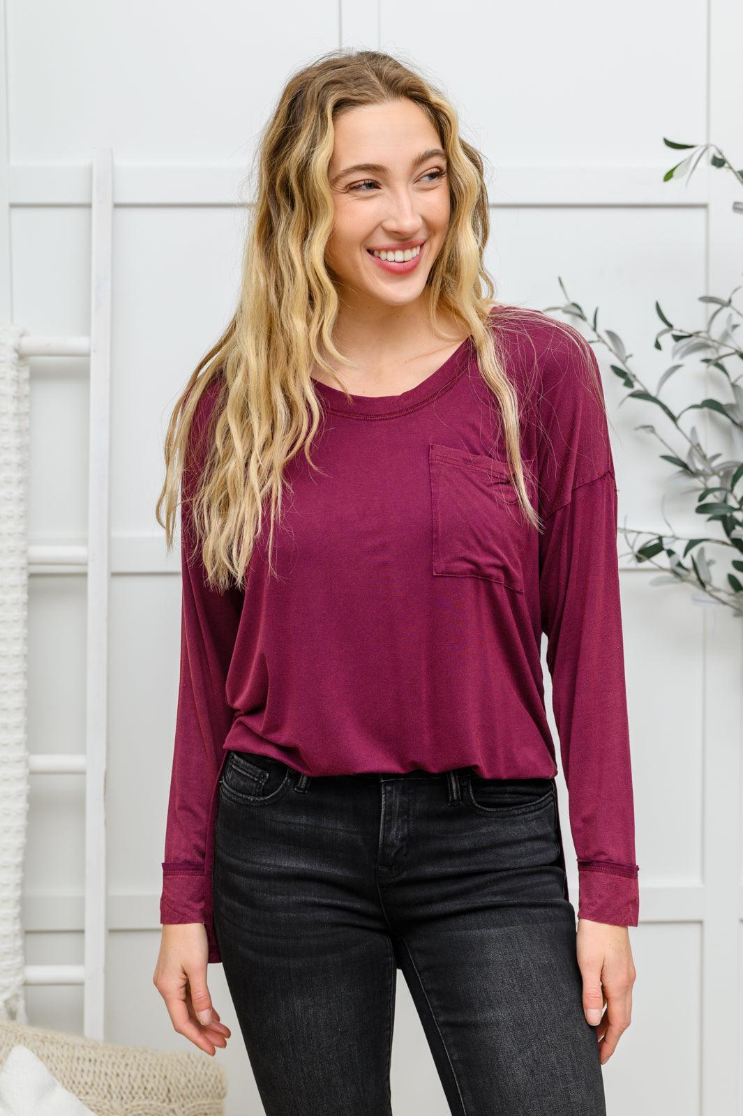 Hazel Blues® | Long Sleeve Knit Top With Pocket In Burgundy
