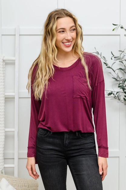 Hazel Blues® | Long Sleeve Knit Top With Pocket In Burgundy