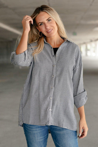 Hazel Blues® | Mixed Houndstooth Button Up Top