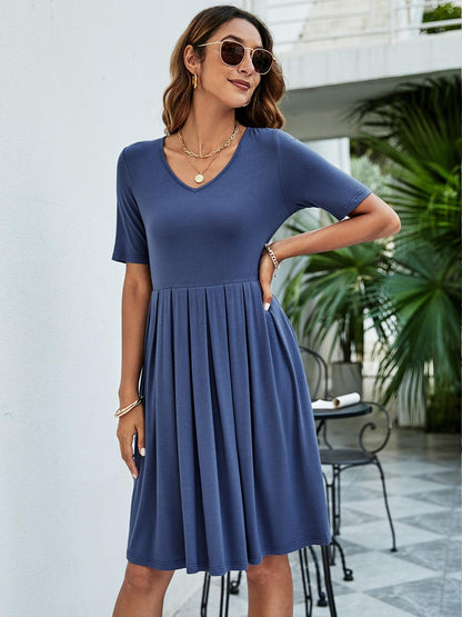 Hazel Blues® | Pleated V-Neck Short Sleeve Tee Dress