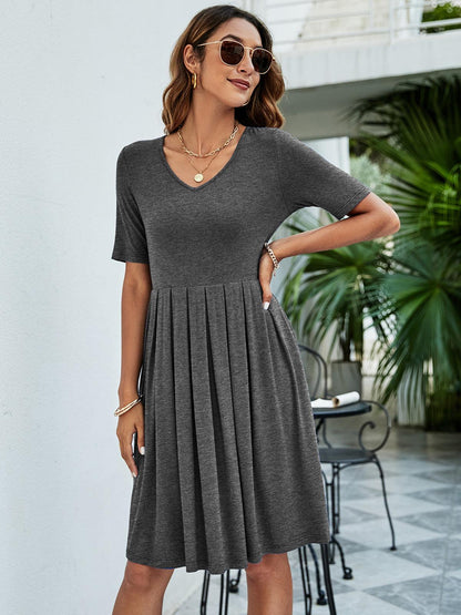 Hazel Blues® | Pleated V-Neck Short Sleeve Tee Dress