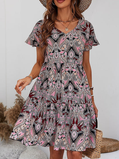 Hazel Blues® | Printed V-Neck Tiered Dress