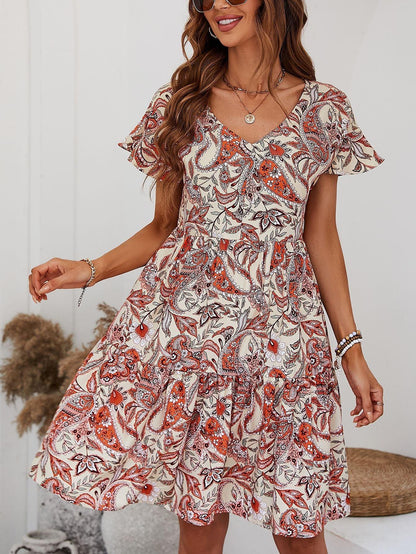 Hazel Blues® | Printed V-Neck Tiered Dress