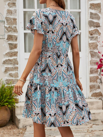 Hazel Blues® | Printed V-Neck Tiered Dress