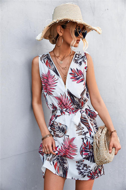 Hazel Blues® | Printed Zip Detail Belted Sleeveless Dress