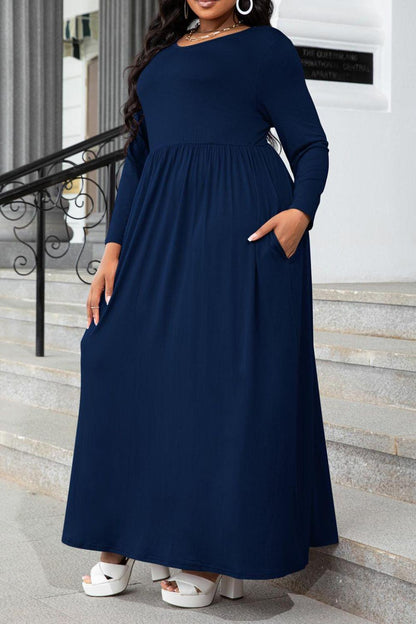 Hazel Blues® | Round Neck Long Sleeve Maxi Dress with Pockets