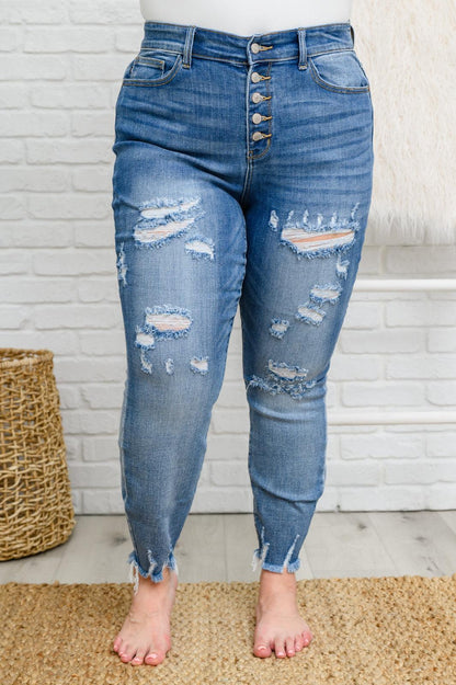 Hazel Blues® | Skye Destroyed Button Fly Skinny