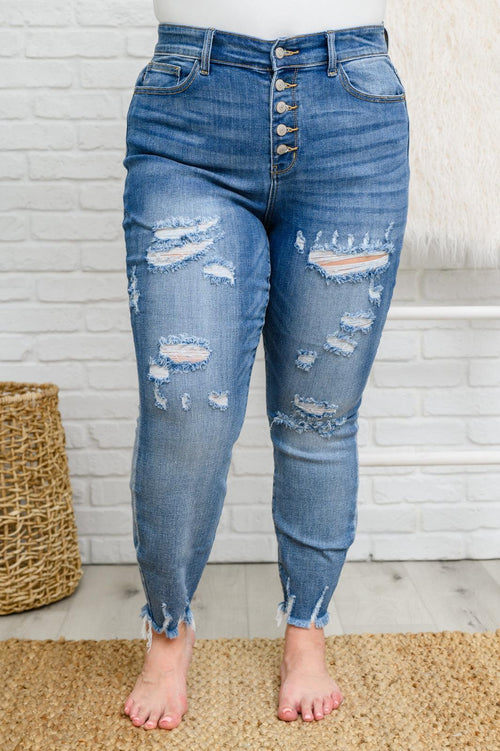 Hazel Blues® | Skye Destroyed Button Fly Skinny