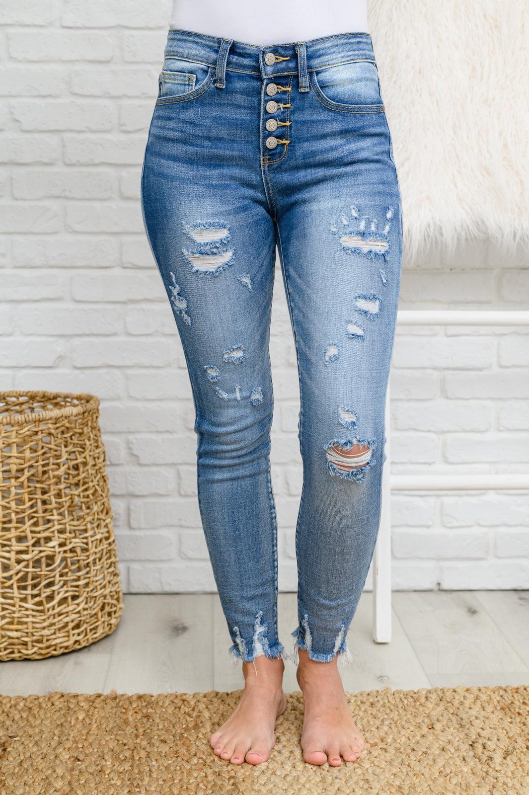Hazel Blues® | Skye Destroyed Button Fly Skinny