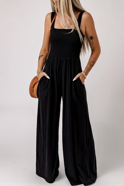 Hazel Blues® | Smocked Square Neck Wide Leg Jumpsuit with Pockets