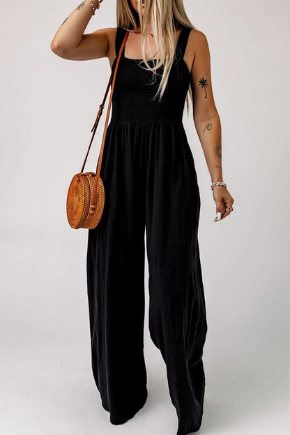 Hazel Blues® | Smocked Square Neck Wide Leg Jumpsuit with Pockets