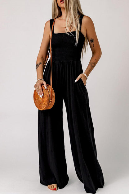 Hazel Blues® | Smocked Square Neck Wide Leg Jumpsuit with Pockets