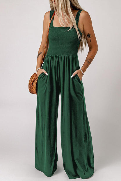 Hazel Blues® | Smocked Square Neck Wide Leg Jumpsuit with Pockets