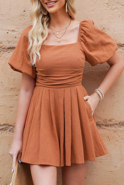 Hazel Blues® | Square Neck Pleated Dress with Pockets