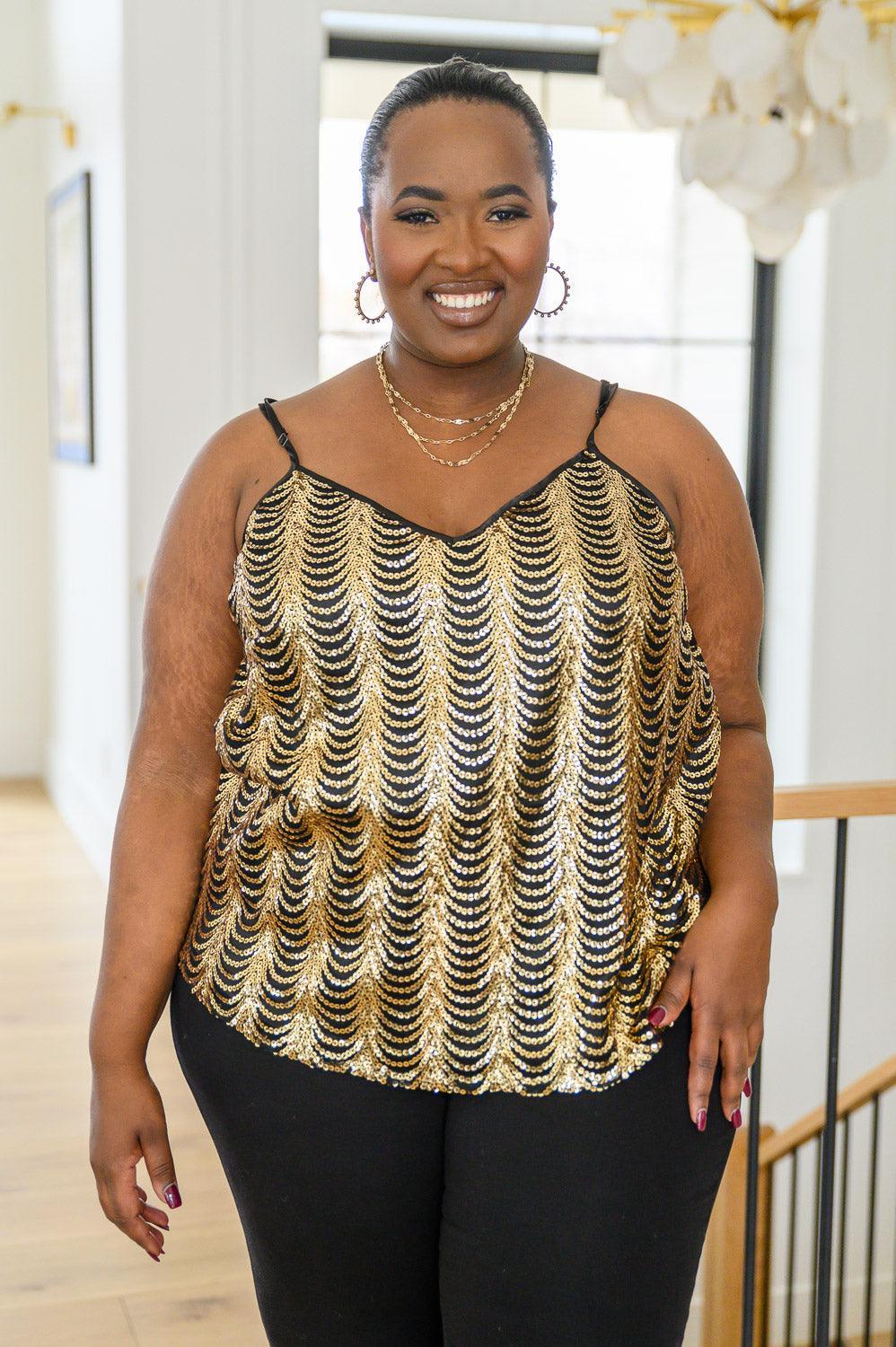 Hazel Blues® | Stayin' Alive V-Neck Sequin Tank in Gold