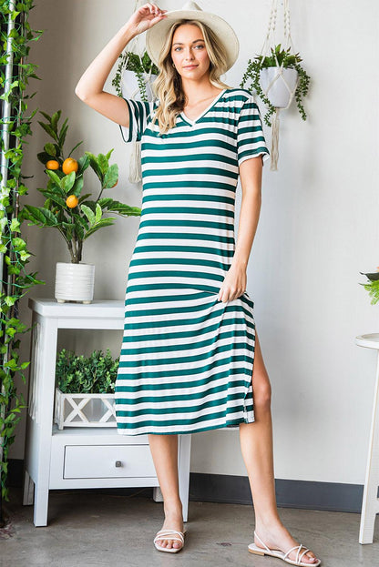 Hazel Blues® | Striped V-Neck Short Sleeve Side Slit Dress