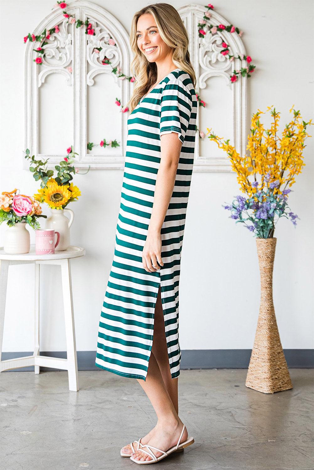 Hazel Blues® | Striped V-Neck Short Sleeve Side Slit Dress
