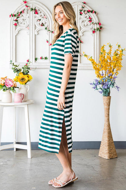 Hazel Blues® | Striped V-Neck Short Sleeve Side Slit Dress