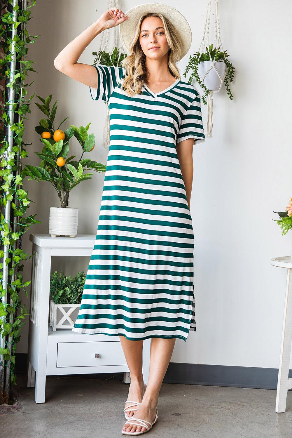 Hazel Blues® | Striped V-Neck Short Sleeve Side Slit Dress