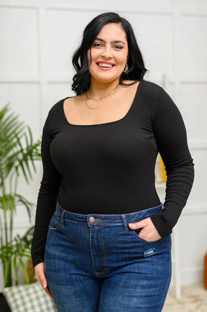 Hazel Blues® | The Trisha Textured Square Neck Bodysuit in Black
