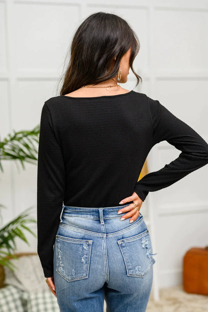 Hazel Blues® | The Trisha Textured Square Neck Bodysuit in Black