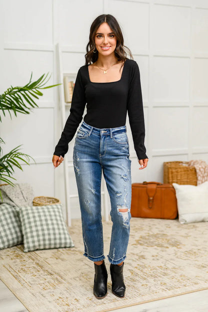 Hazel Blues® | The Trisha Textured Square Neck Bodysuit in Black