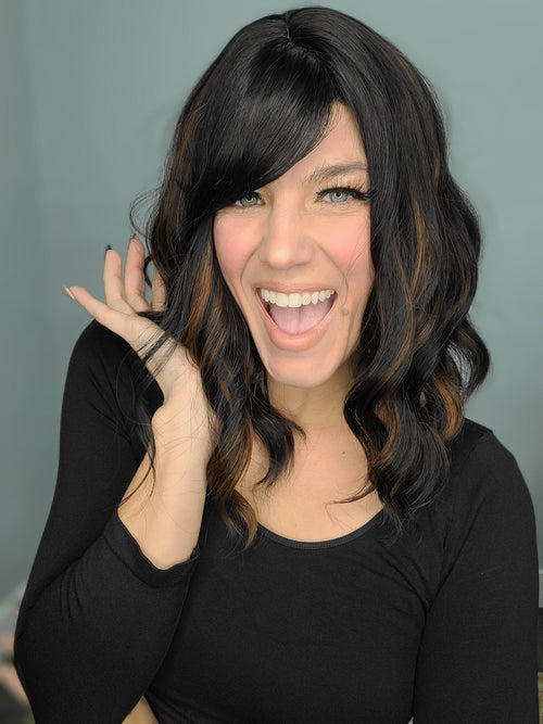 Hazel Blues® | Wavy Synthetic Wig in Dark Brown with Highlights